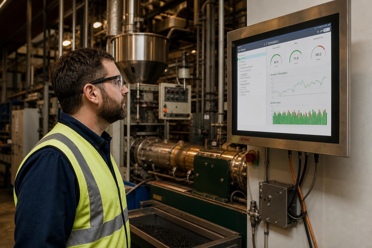 Engineer reviewing production data on a screen inside a modern manufacturing facility